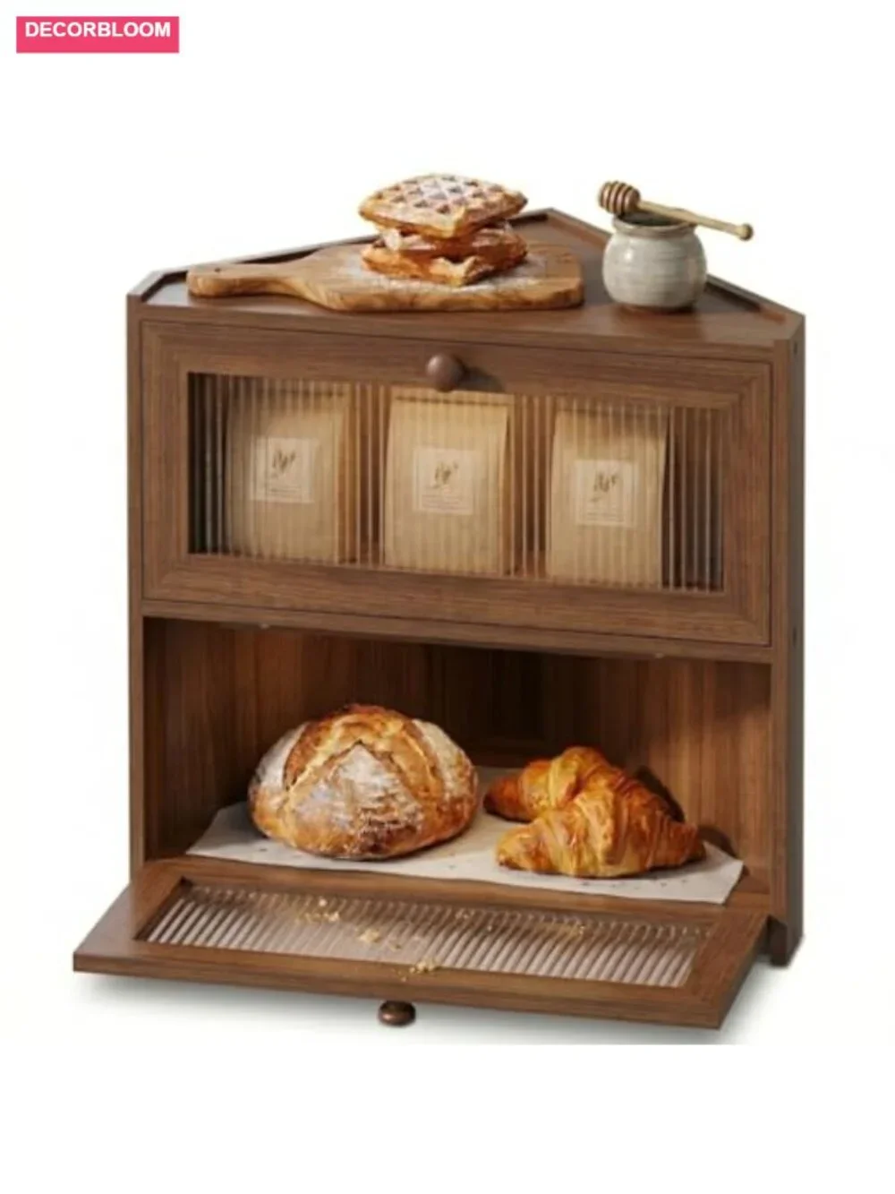 2 Tier Bamboo Bread Box for Kitchen Countertop, Large Capacity Corner Storage